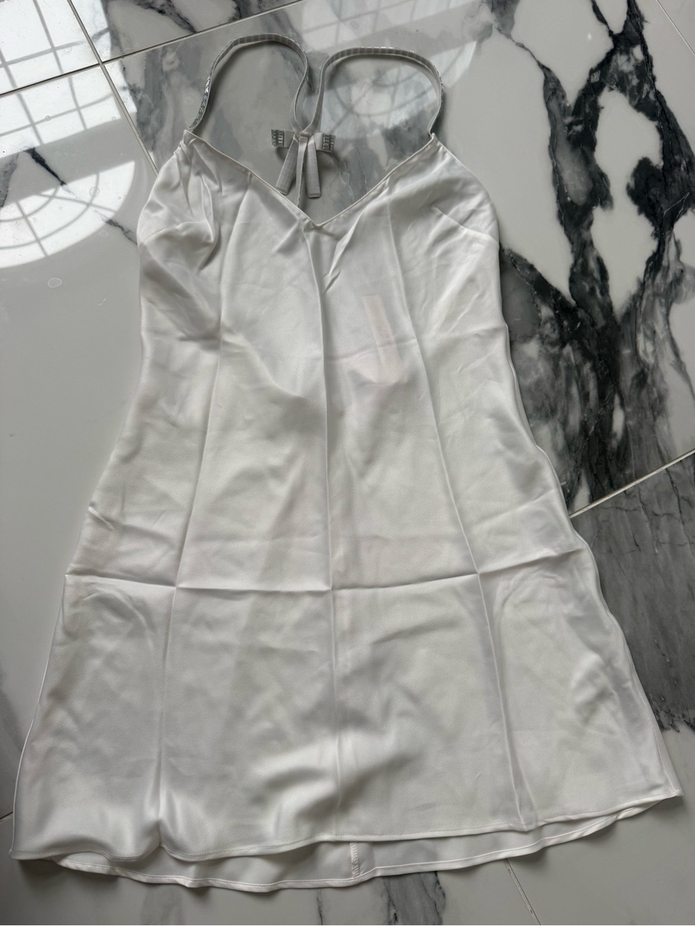 Victoria secret rhinestone bow strap  White Satin Slip Dress xs new with tags